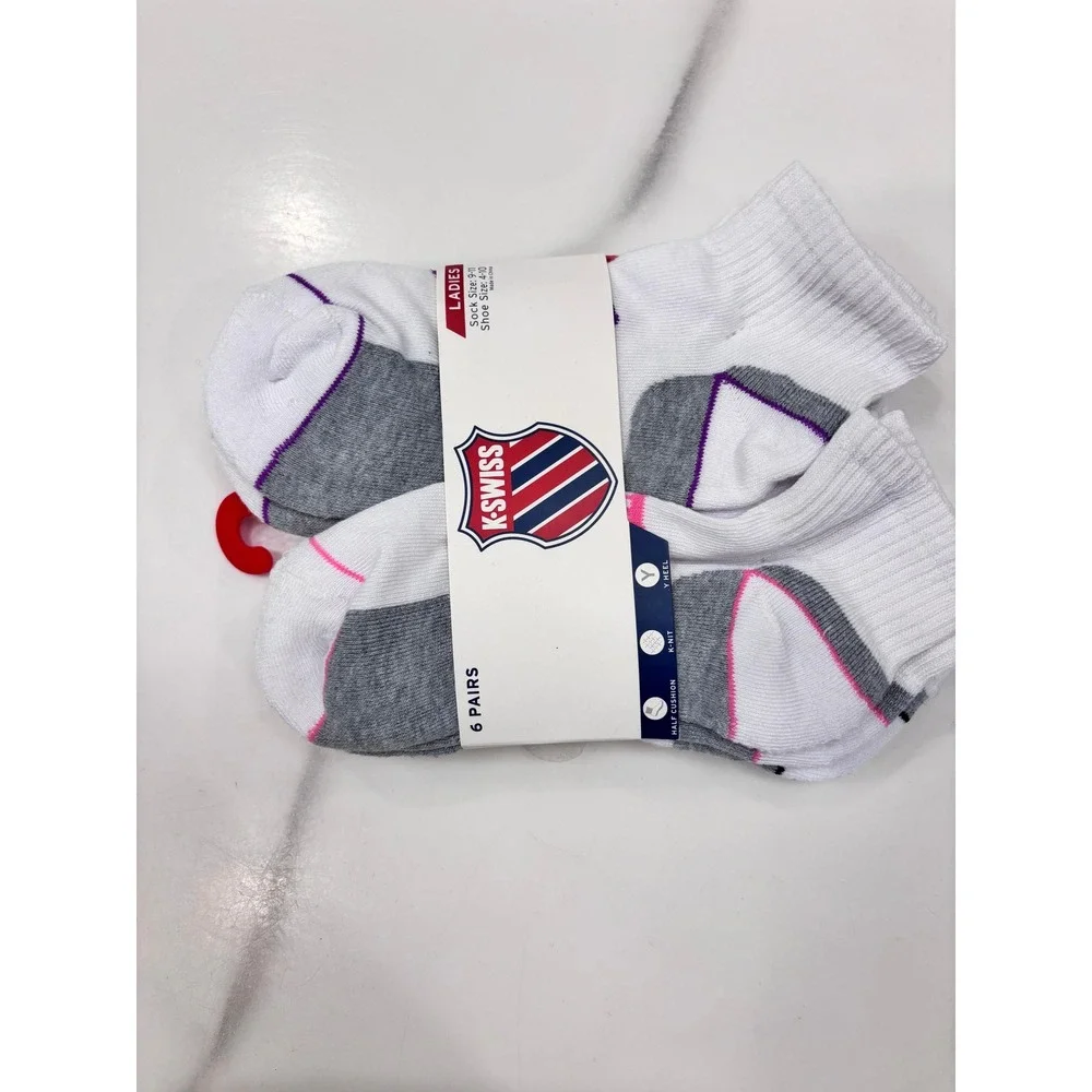 K-Swiss Ladies 6 Pair Ankle Socks White Gray Multi Shoe Size 4-10